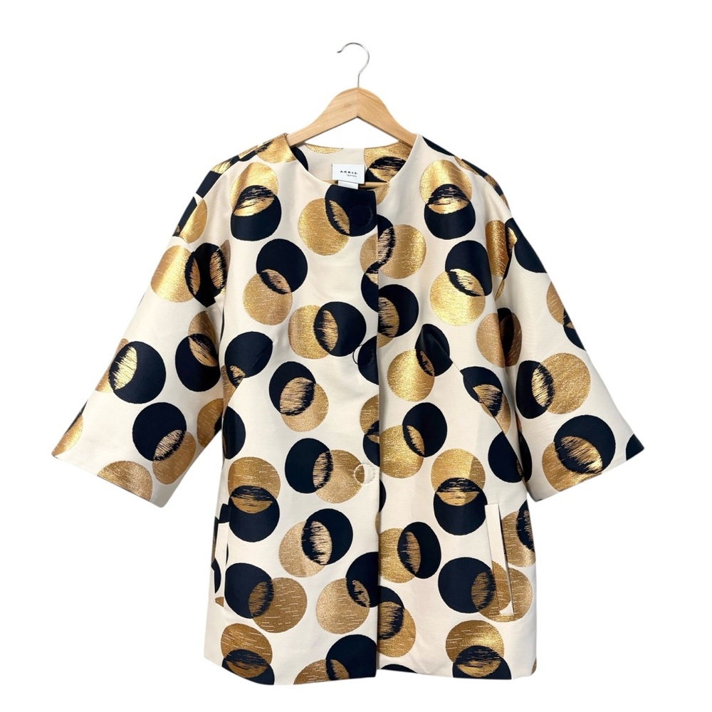 AKRIS Punto Car Coat Jacquard Sake Blue Metallic Gold Dot Print, Size US 12 - Picture 2 of 12